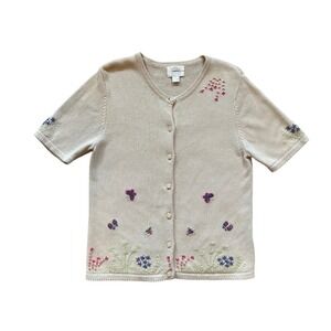 VTG hand embroidered floral button down cotton linen blend longsleeve cardigan M